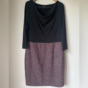 Talbots Mixed Media Black Cowl Neck Burgundy Tweed 3/4 Sleeve Dress Size 16